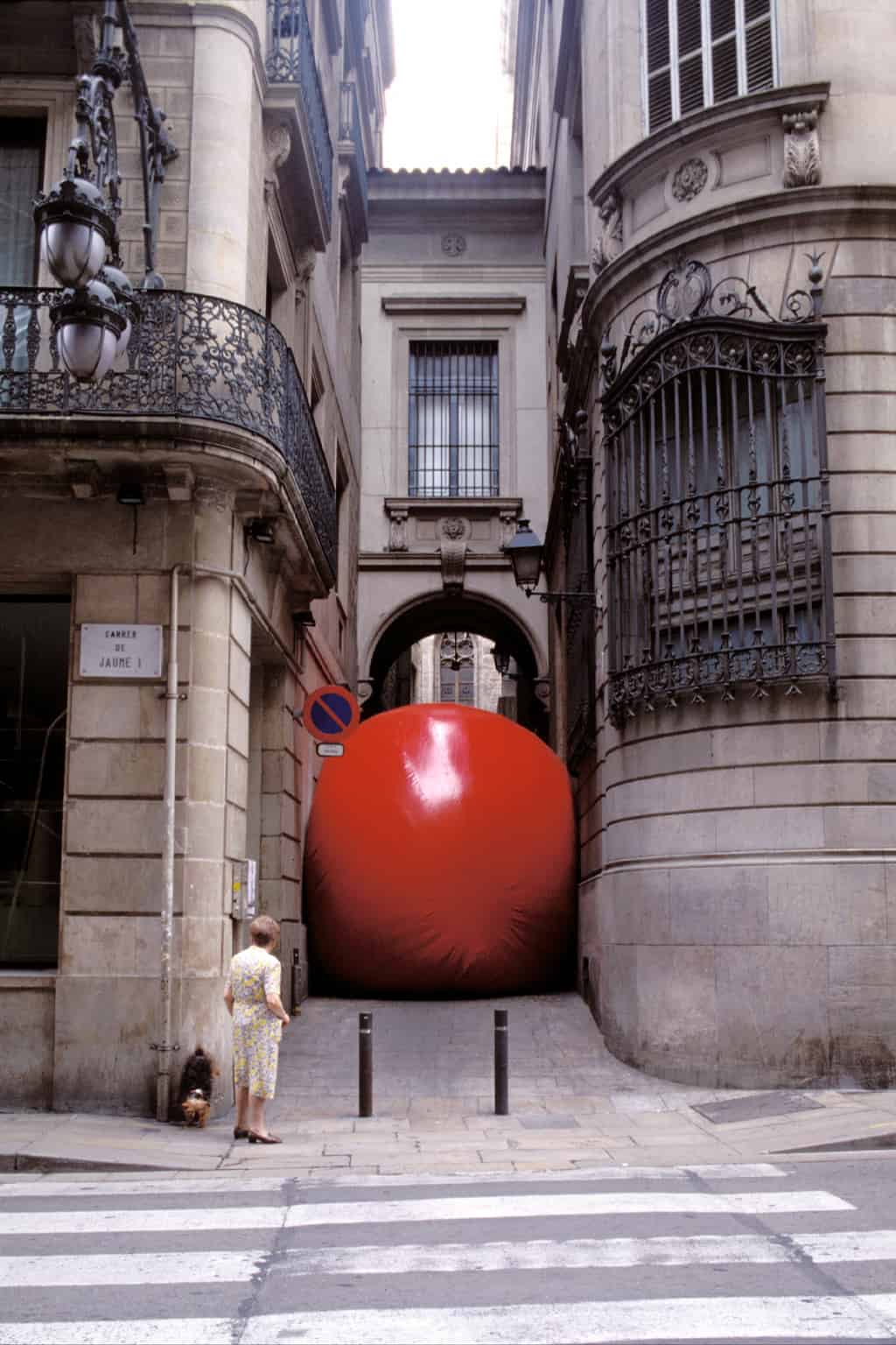 first street art First RedBall Barcelona install, Gothic Quarter. temporary public art,